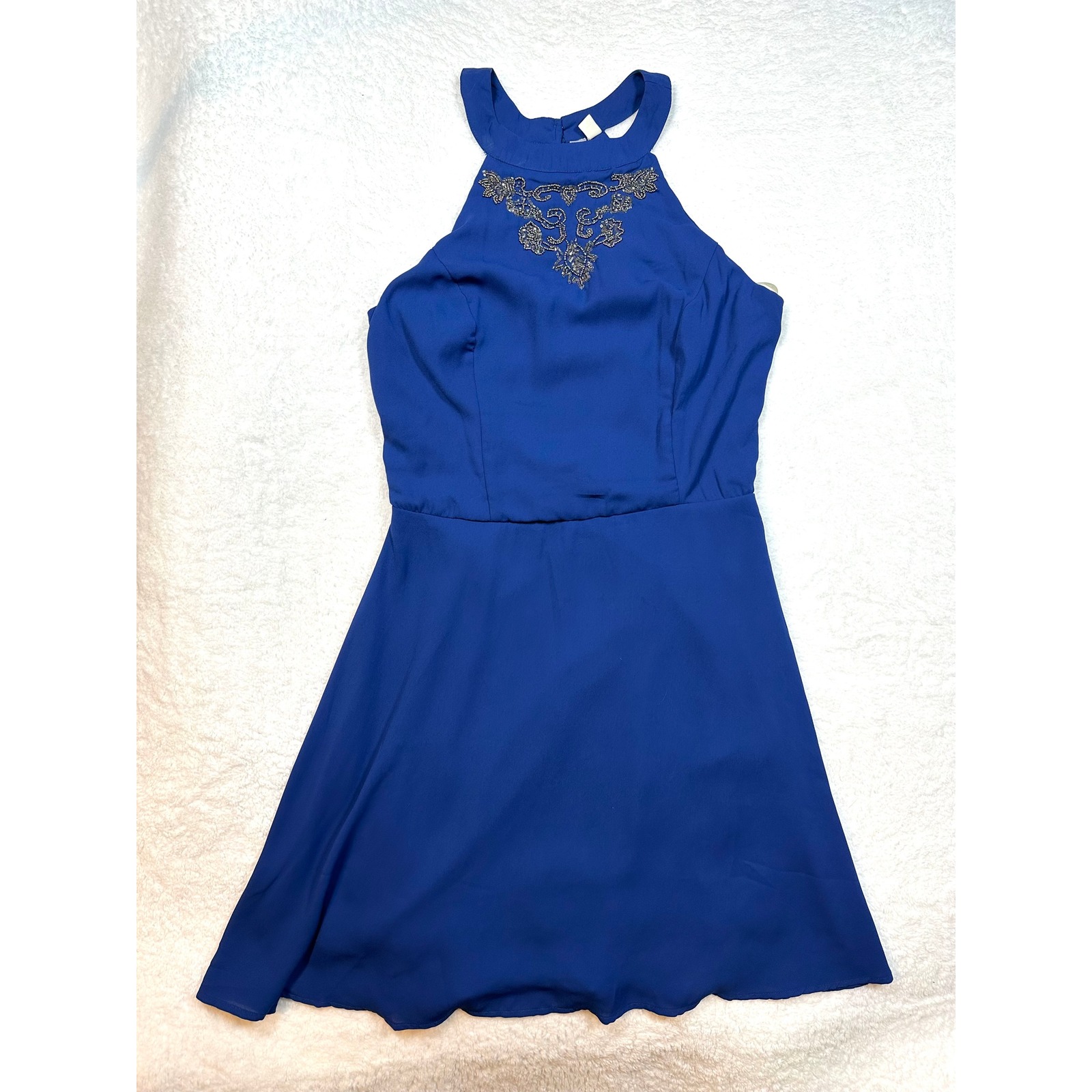 Nwt Alya Halter Fit & Flare Royal Blue Dress S Knee Length Open Back Beaded